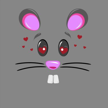 Gri arka planda sevimli bir yüzü olan aşık bir farenin vektör çizimi. Bıyıklı ve kalbi olan bir fare çizgi filmi.
