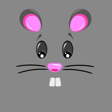 Gri arka planda şirin yüzlü küçük bir farenin vektör çizimi. Bıyıklı bir fare çizgi filmi.