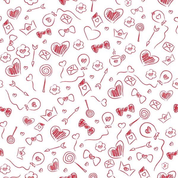 Απρόσκοπτη Μοτίβο Από Καρδιές Ζωγραφισμένες Στο Χέρι Στεφάνια Βέλη Γλειφιτζούρια — Διανυσματικό Αρχείο