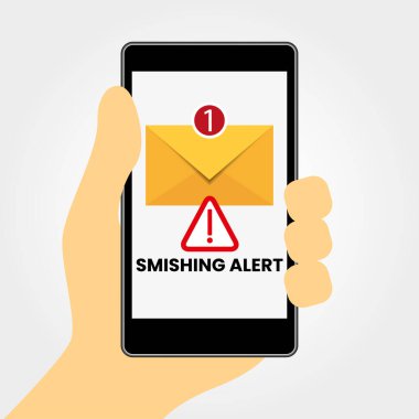 Çarpıcı bir kavram. Ekranda sahte bir SMS olan bir cep telefonu tutuyor. Elektronik mesaj dolandırıcılığı alarmı.