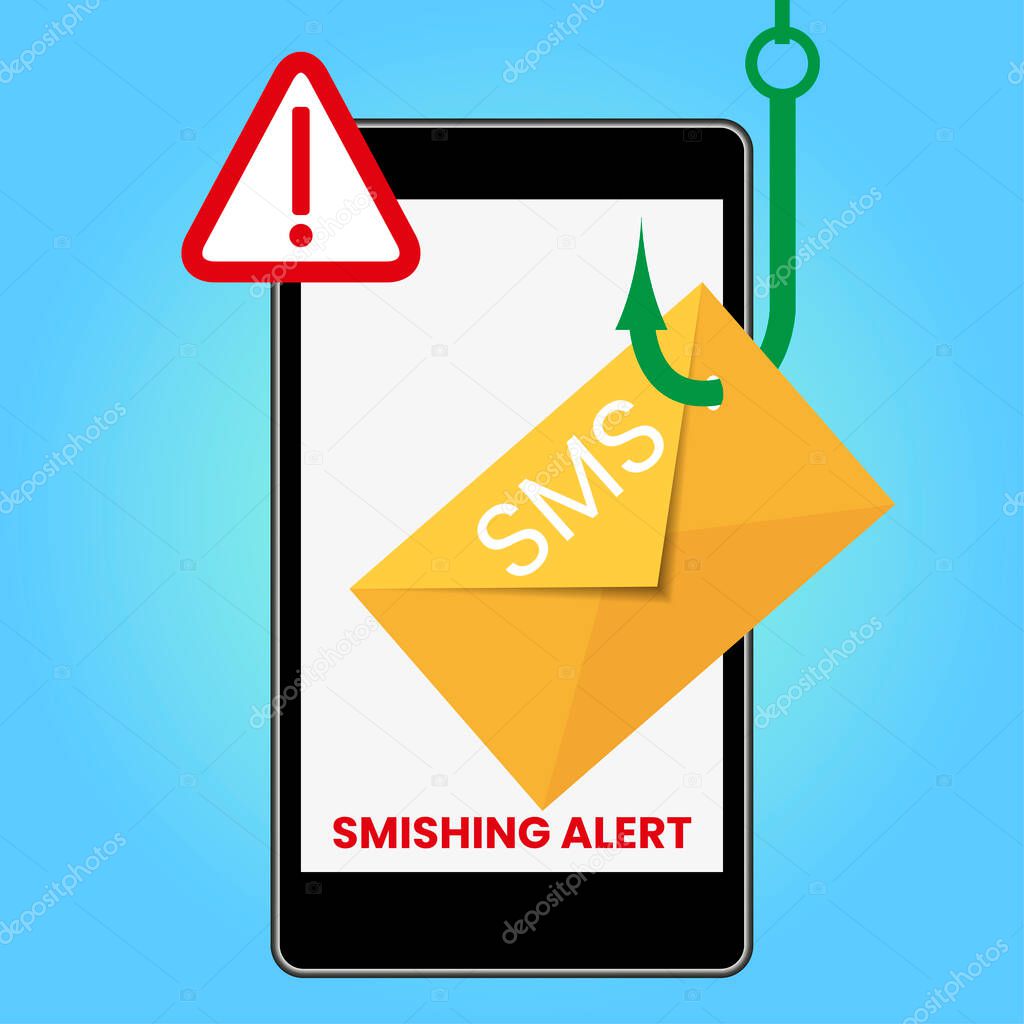 Smishing concept. Electronic message being fished by a hacker for fraudulent use. Scam Alert