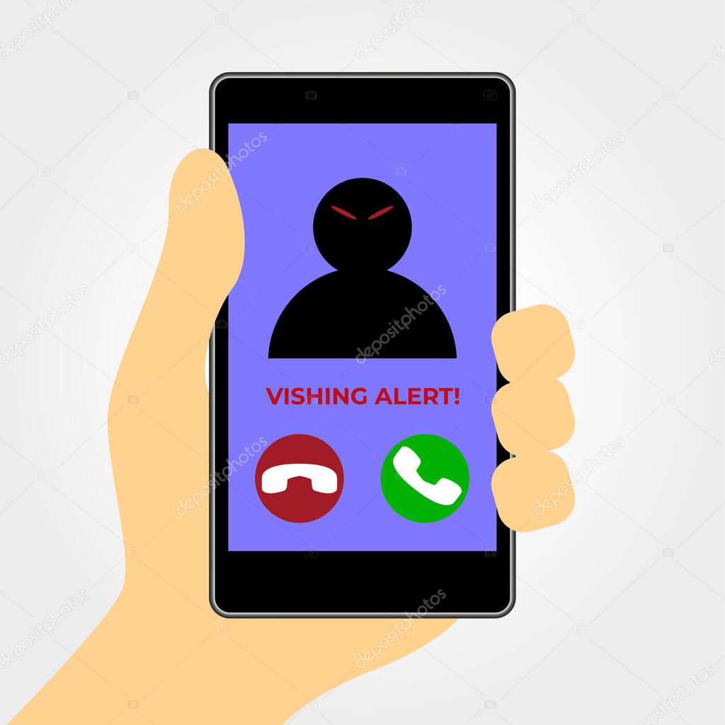 Vishing concept. Hand holding a cell phone with a fraudulent incoming call. Risk of call fraud