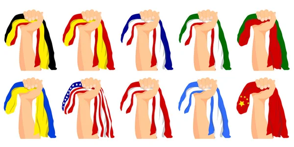 Set Hands Holding Raising Flags Different Countries Patriotic Pride Victory — Vector de stock