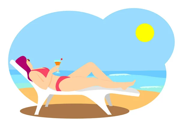 Woman Bikini Lying Sun Lounger Cocktail Her Hand Sunbathing Contemplating — Stock Vector