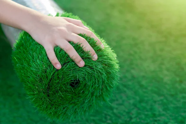 Selective Focus Hand Stroking Roll Soft Squishy Artificial Turf Economical —  Fotos de Stock