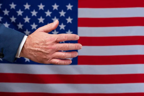 Open Hand Waiting Shaken United States Flag Background Doing Business — Stock Photo, Image