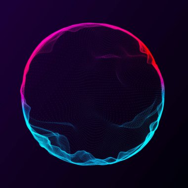 Müzik için küresel dengeleyici. Parçacıkların yuvarlak ses dalgası. Müzikal soyut mavi arka plan. 3B görüntüleme.