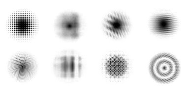 Yarım tonlu daireler. Yarım tonluk noktalar çember gradyanı. Pop sanat tarzı. Tasarım için elementlerin toplanması. Vektör illüstrasyonu.