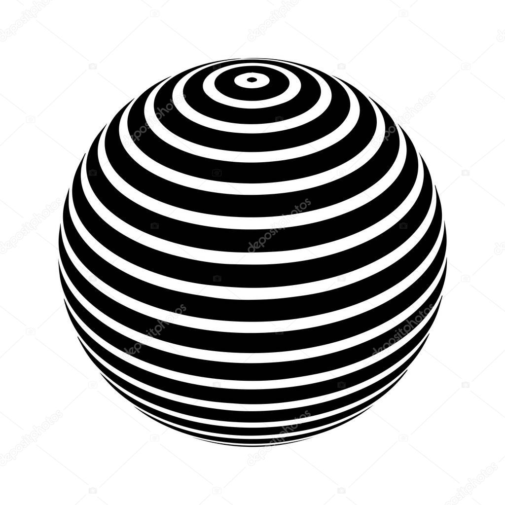 Optical illusion on 3d sphere. Sphere of stripes. Illusion effect. Black and white 3d art. Vector illustration.