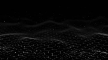 Geleceğin siyah altıgen dinamik dalgası. Gelecekçi bal peteği konsepti. Dijital teknoloji web akışı. Büyük veri görselleştirmesi. 3B görüntüleme.