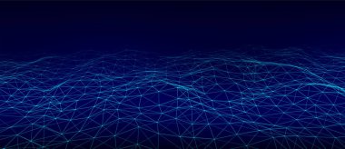 Mavi arka planda noktaların ve çizgilerin teknolojik dalgası. Dijital yapıyı aktar. Veri teknolojisi geçmişi. Vektör illüstrasyonu.