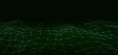 Yeşil zemin üzerinde noktaların ve çizgilerin olduğu teknolojik bir dalga. Teknoloji geçmişi kavramı. Büyük veri görselleştirmeleri. Ağ bağlantıları. Web sitesi için vektör illüstrasyonu.