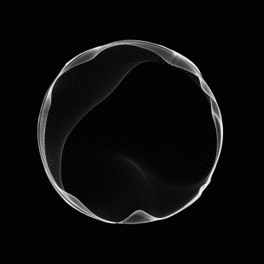 Müzik için küresel dengeleyici. Parçacıkların yuvarlak ses dalgası. Müzikal soyut siyah arka plan. 3B görüntüleme.