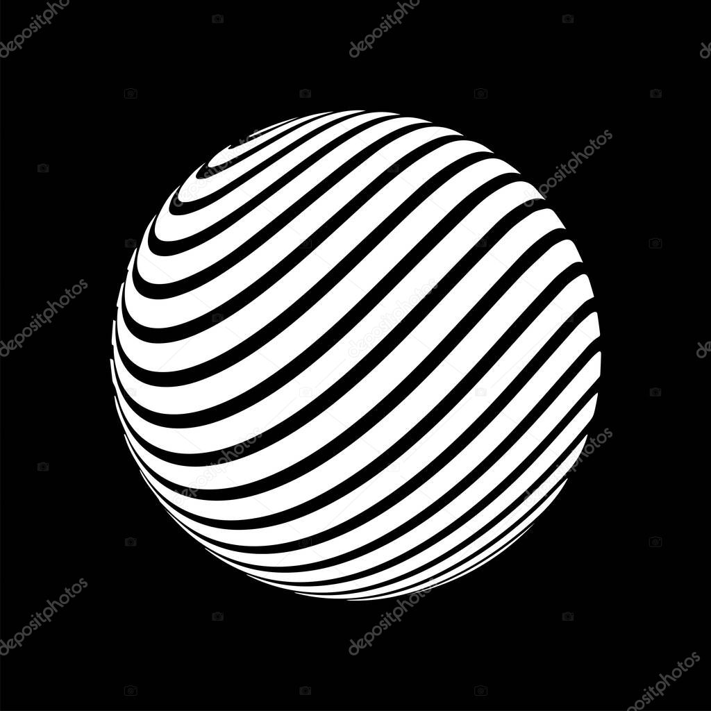 Optical illusion on 3d sphere. Sphere of stripes. Illusion effect. Black and white 3d art. Vector illustration.