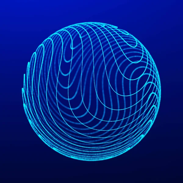 Bükülme çizgileri olan küre. Küresel dalga formu. HUD elemanı. Ağ bağlantısı yapısı. 3B görüntüleme.