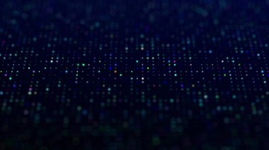 Mavi arka planda çok renkli ışıldayan noktaların akışı. Ağ bağlantısı yapısı. Siber uzayda geometrik akış. 3B görüntüleme.