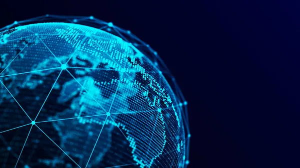 Parçacıklara sahip soyut gezegen Dünya ve çizgilerle bağlantılı bir kabuk. Genel ağ bağlantısı. Bilim ve teknoloji. 3B görüntüleme.