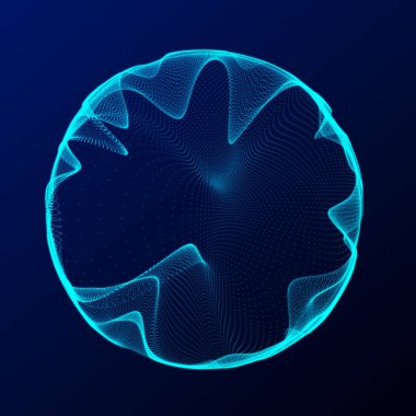 Müzik için küresel dengeleyici. Parçacıkların yuvarlak ses dalgası. Müzikal soyut mavi arka plan. 3B görüntüleme.