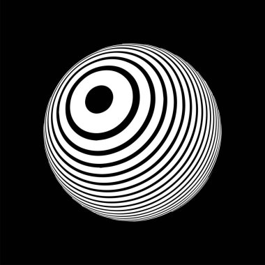 3D kürede optik illüzyon. Çizgili küre. İllüzyon etkisi. Siyah beyaz 3D sanat. Vektör illüstrasyonu.