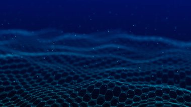 Geleceğin mavi altıgen dinamik dalgası. Gelecekçi bal peteği konsepti. Dijital teknoloji web akışı. Büyük veri görselleştirmesi. 3B görüntüleme.