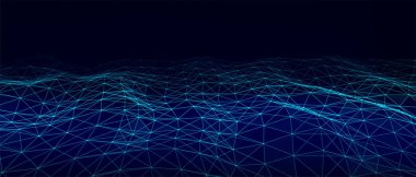 Mavi zemin üzerinde noktaların ve çizgilerin olduğu teknolojik bir dalga. Teknoloji geçmişi kavramı. Büyük veri görselleştirmeleri. Ağ bağlantıları. Web sitesi için vektör illüstrasyonu.