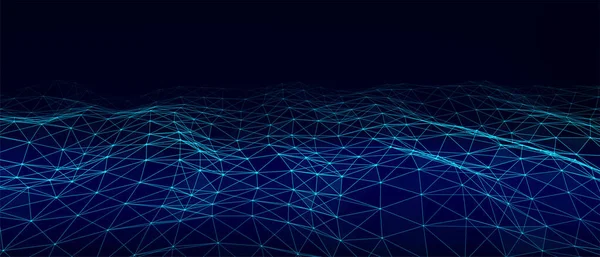 Mavi zemin üzerinde noktaların ve çizgilerin olduğu teknolojik bir dalga. Teknoloji geçmişi kavramı. Büyük veri görselleştirmeleri. Ağ bağlantıları. Web sitesi için vektör illüstrasyonu.