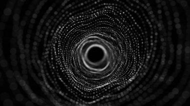 Siyah arka planda soyut dinamik kablo tüneli. Derin dalgalı solucan deliği. Fütürist parçacık akışı. 3d oluşturma.