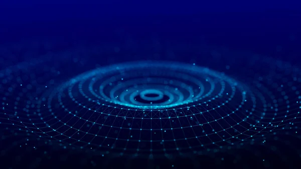 Üç boyutlu dairesel dijital dalga. Teknoloji dalgası. Dijital yapıyı aktar. Siber teknoloji geçmişi. 3B görüntüleme.
