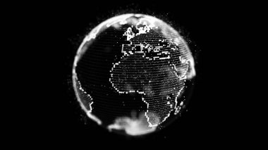 Parçacıklara sahip soyut gezegen Dünya ve çizgilerle bağlantılı bir kabuk. Genel ağ bağlantısı. Bilim ve teknoloji. 3B görüntüleme.