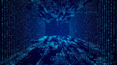 Siber uzayda soyut parçacık akışı. Geleceğin 3 boyutlu portalı. Dijital teknoloji ağı akışı. Büyük veri görselleştirmesi. 3d oluşturma.