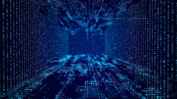 Siber uzayda soyut parçacık akışı. Geleceğin 3 boyutlu portalı. Dijital teknoloji ağı akışı. Büyük veri görselleştirmesi. 3d oluşturma.