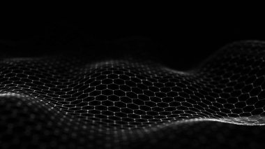 Geleceğin siyah altıgen dinamik dalgası. Gelecekçi bal peteği konsepti. Dijital teknoloji web akışı. Büyük veri görselleştirmesi. 3B görüntüleme.