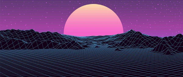 1980 'lerin dijital retro manzarası. Gelecekçi siber yüzey. 80 'lerin Retro-Fi geçmişi. 80-90 'ların Vektör illüstrasyonunda albüm kapağı veya afişi.