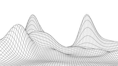 Dijital kablo çerçevesi. Tel çerçeve çokgen arazi tasarımı. Dağlarda vadileri olan dijital siber uzay. Vektör illüstrasyonu.