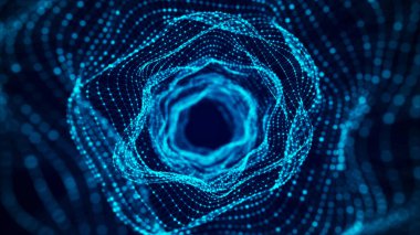 Mavi arka planda soyut dinamik kablo tüneli. Derin dalgalı solucan deliği. Fütürist parçacık akışı. 3d oluşturma.