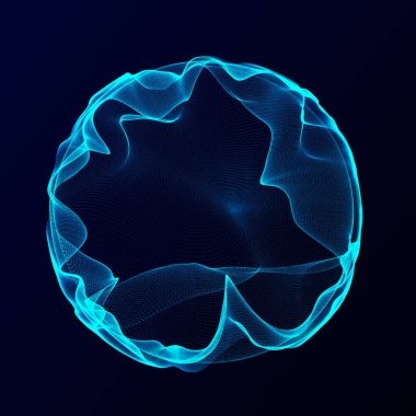 Müzik için küresel dengeleyici. Parçacıkların yuvarlak ses dalgası. Müzikal soyut mavi arka plan. 3B görüntüleme.