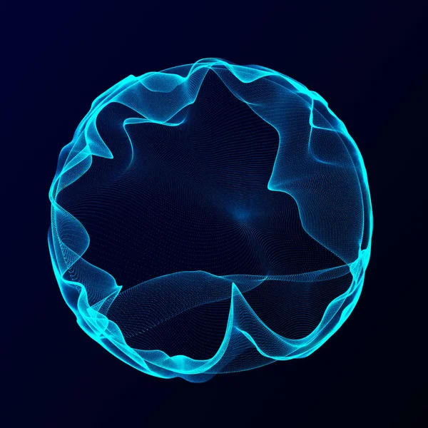 Müzik için küresel dengeleyici. Parçacıkların yuvarlak ses dalgası. Müzikal soyut mavi arka plan. 3B görüntüleme.