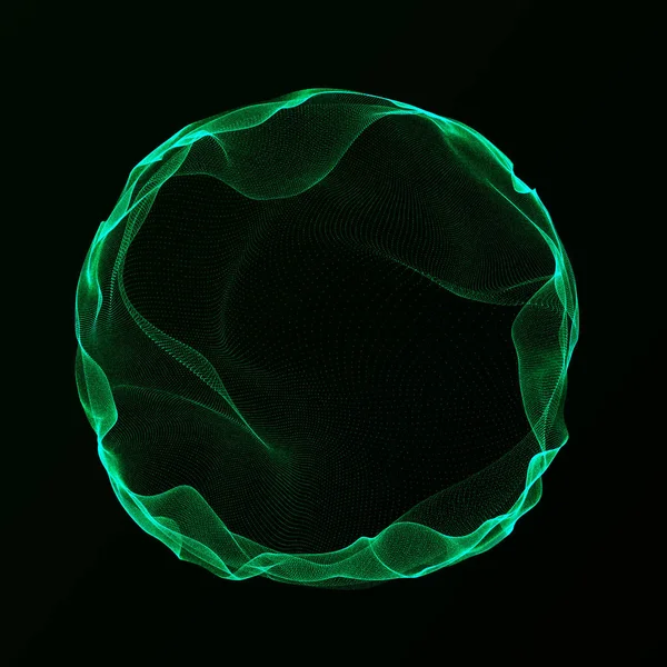 Müzik için küresel dengeleyici. Parçacıkların yuvarlak ses dalgası. Müzikal soyut yeşil arka plan. 3B görüntüleme.