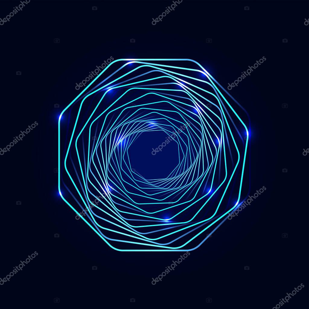 Blue twisted futuristic spirals. Wavy fractal with a linear outgoing gradient. Abstract wireframe linear tunnel. Graphic spiral technology. Vector illustration for a website.