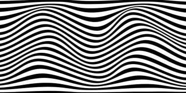 Soyut optik illüzyon dalgası. Dalgalı bir çarpıtma etkisi yaratan siyah beyaz çizgiler. Vektör İllüstrasyonu.