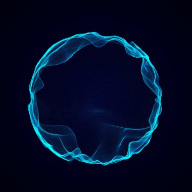 Müzik için küresel dengeleyici. Parçacıkların yuvarlak ses dalgası. Müzikal soyut mavi arka plan. 3B görüntüleme.