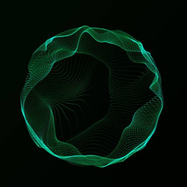 Müzik için küresel dengeleyici. Parçacıkların yuvarlak ses dalgası. Müzikal soyut yeşil arka plan. 3B görüntüleme.