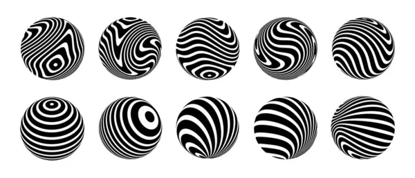 球体上的一组3D光学错觉。被扭曲的条纹环绕着幻觉的效果。黑白3D艺术。矢量说明. — 图库矢量图片