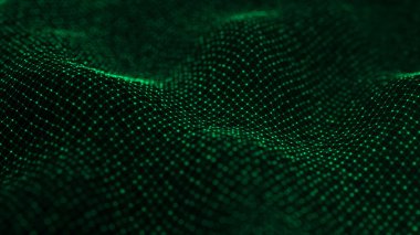 Dinamik ses dalgası. Yeşil enerji akışı konsepti. Siber uzay geçmişi. 3B görüntüleme.