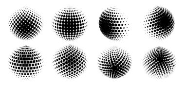 Yarım tonluk hacimli küreler. 3D küre koleksiyonu. Yarı ton tasarım elementleri. Vektör illüstrasyonu.