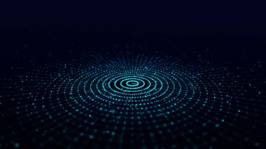 Dairesel parçacık akışının soyut mavi arkaplanı. Dijital siber uzay. Ağ bağlantıları yapısı. 3B görüntüleme.