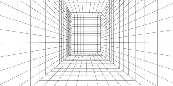 Quarto Wireframe Branco Fundo Azul Rede Perspectiva Abstrata Ilustração Vetorial — Vetor de Stock