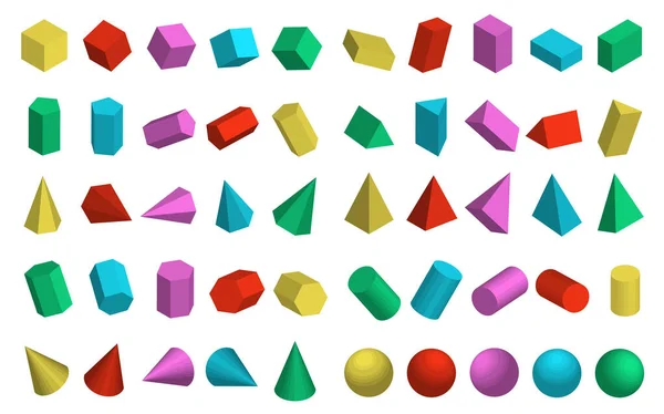 İzometrik görüntüde üç boyutlu geometrik şekiller kümesi. Grafik tasarımında kullanılacak renkli nesnelerin koleksiyonu. Vektör illüstrasyonu beyaz arkaplanda izole edildi.
