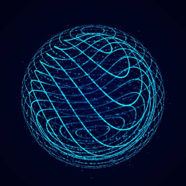Mavi arkaplan üzerinde eğimli parçacık çizgileri olan küre. Parlak kıvrımlı çizgiler. Genel ağ bağlantısı. Gelecekçi teknoloji tarzı. 3B görüntüleme.