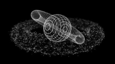 Siyah bir arka planda soyut dinamik telli torus. Bilimsel veri akışı. Fütürist dijital teknoloji. 3B görüntüleme.